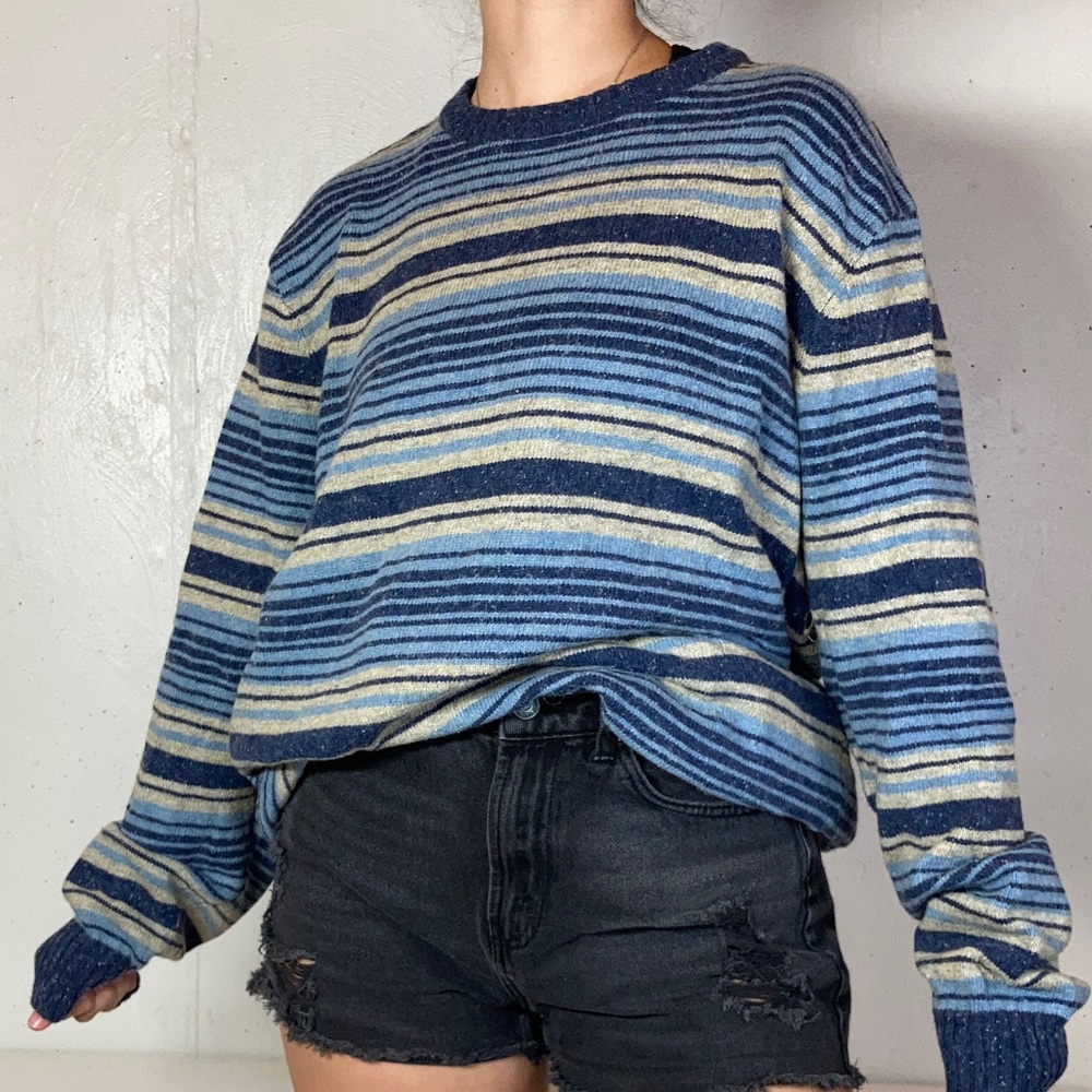 Navy + Blue + Gray Knit Striped Crewneck Sweater